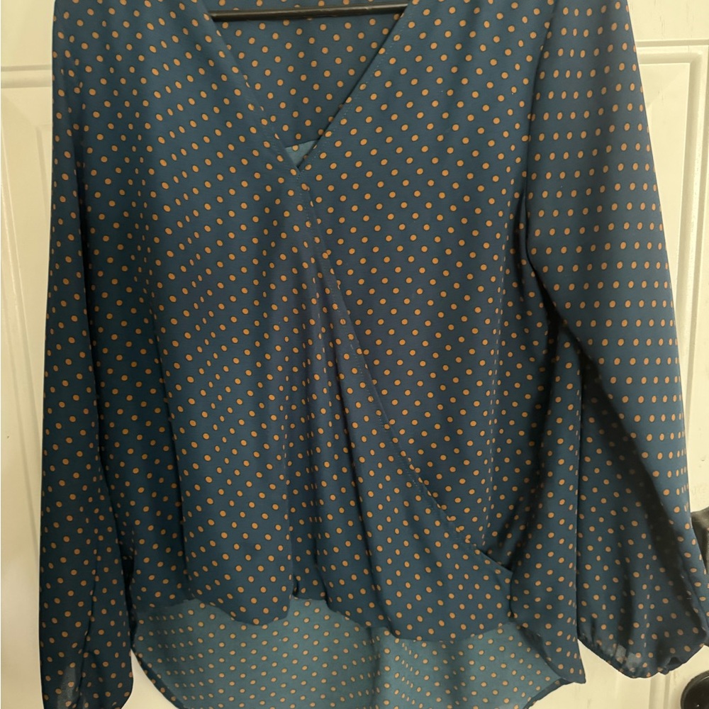 Polka Dot V-Neck Blouse - Blue and Gold